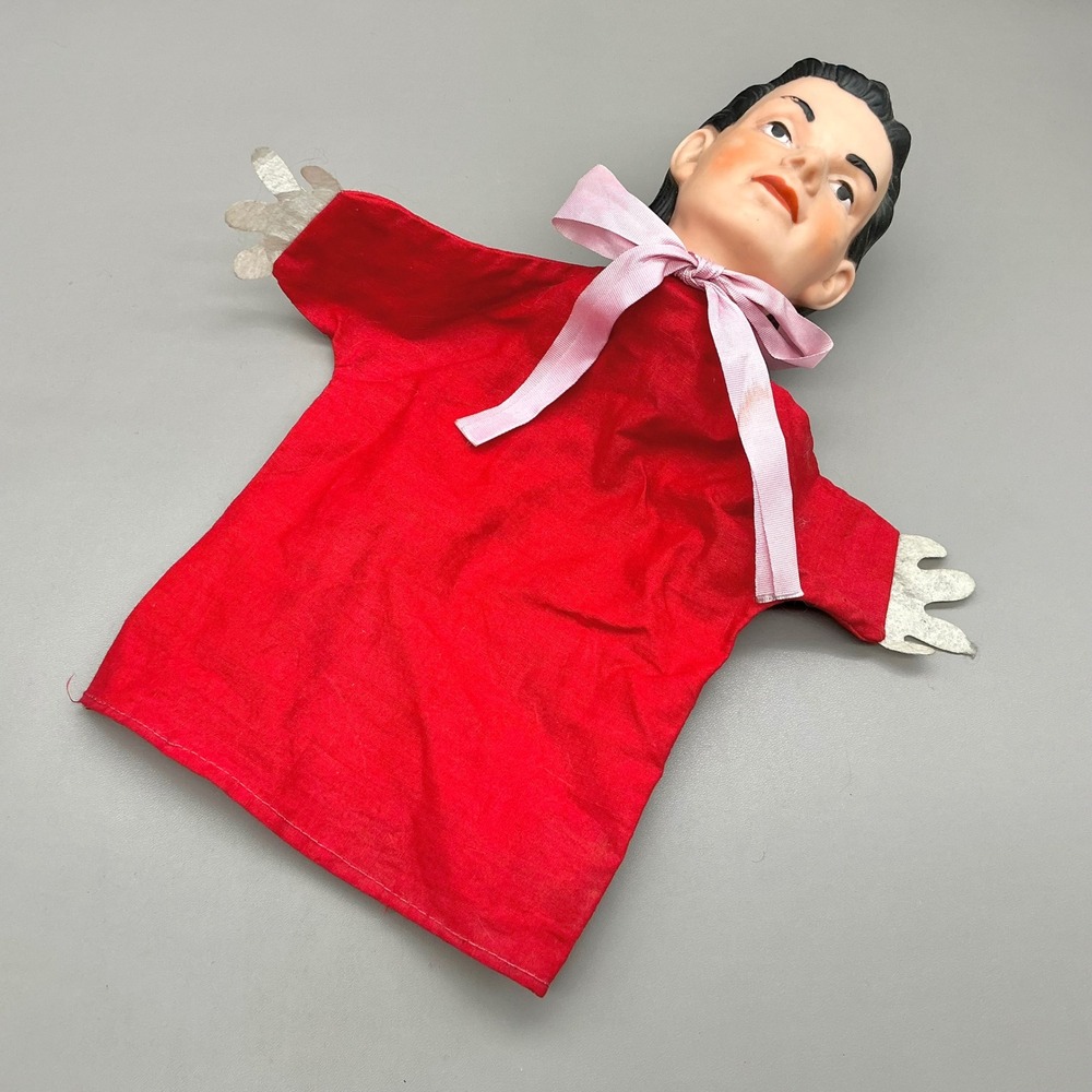Vintage 1950s 60s Man Hand Puppet Molded Rubber Head Red Costume 11" Folk Toy